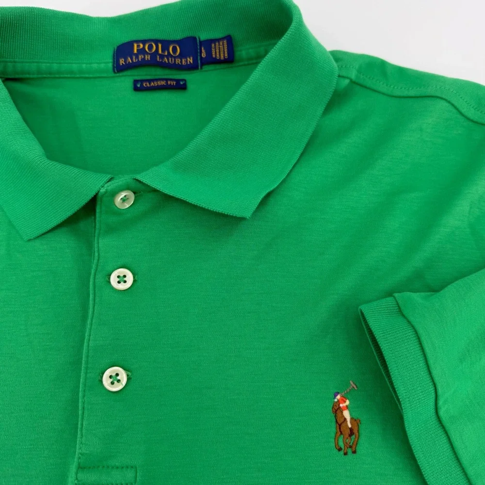 Polo Ralph Lauren Polo Shirt Men Large Green Classic Fit Short Sleeve Flesh pony